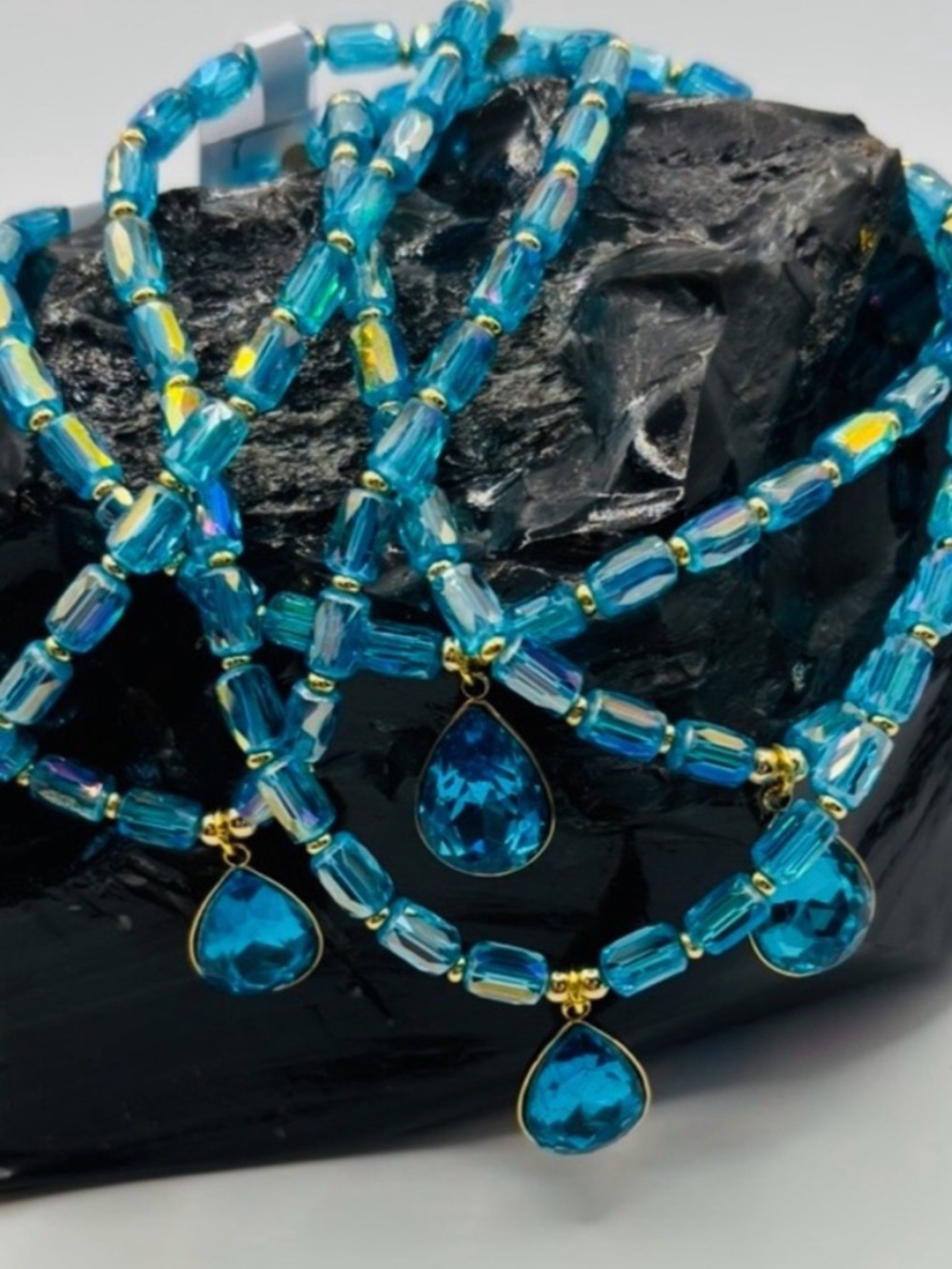 *ANKLET* S. Steel AB Blue Teardrop with AB Blue Crystal Stretchy Anklet